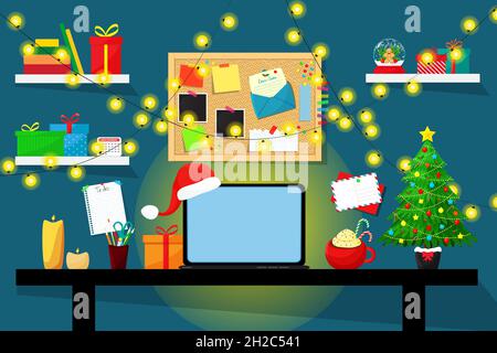 Weihnachtsarbeitsplatz. Tisch mit Laptop, Weihnachtsbaum, Kaffeetasse. Lichter und Geschenkboxen. Hinweisbrett. Vektorgrafik flach. Stock Vektor