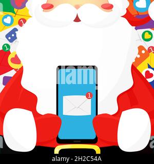 Santa hält Smartphone mit E-Mail-Benachrichtigung auf dem Bildschirm. Vektorgrafik flach. Stock Vektor