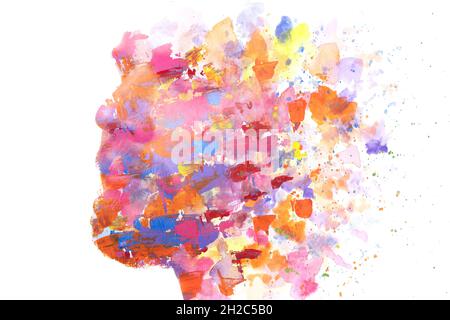 Ein Porträt eines Mannes kombiniert mit einem abstrakten Aquarell in einer malerischen Technik. Sich in Kunst auflösen Stockfoto
