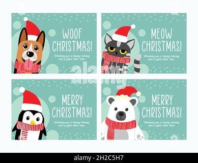 Lustige Weihnachtskarte mit niedlichen illustrierten Tieren, weihnachtspinguin, Eisbär, Katze, Hund Stock Vektor