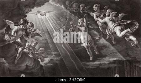 Ein Chor von Engeln im Himmel mit dem Heiligen Geist, symbolisiert durch eine Taube, die herabsteigt. Aus einem Stich von Nicolas Pitau aus dem 17. Jahrhundert nach einem Werk von Philippe de Champaigne. Stockfoto