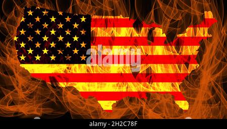 Unruhen in den Vereinigten Staaten. US-Flagge und Kartenkonturlinie auf Feuerhintergrund. Stockfoto