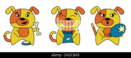Cartoon Hund, Satz von drei Welpen. Ein Hund, der einen Knochen frisst, ein Hund, der Trockenfutter kaut, ein platzter Ball Stock Vektor
