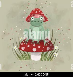 Frosch auf einem Pilz mit Fliegenmütze Stockfoto