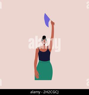 Junge schwarze weibliche Zeichentrickfigur mit Flagge in ihren Händen. Aktivisten und Freiwillige. Das Konzept der Abstimmung, Ausbildung, Bildung. Vektor Stock Vektor