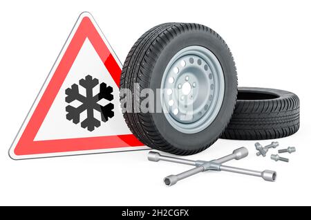 Autorrad mit Winterreifen mit Kreuzschlüssel und Vorsicht vor Eis oder Schnee, Straßenschild. 3D-Rendering auf weißem Hintergrund isoliert Stockfoto