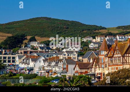 Woolacombe eine Stadt an der Küste von North Devon, England, in der Nähe des South West Coast Path, mit einem bei Surfern beliebten Strand. Stockfoto