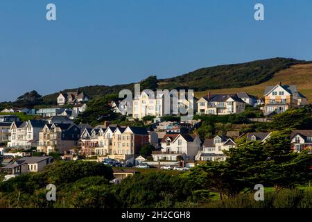 Woolacombe eine Stadt an der Küste von North Devon, England, in der Nähe des South West Coast Path, mit einem bei Surfern beliebten Strand. Stockfoto