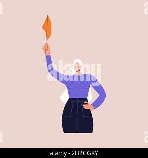 Junge feminine Zeichentrickfigur mit Flagge in den Händen. Aktivisten und Freiwillige. Das Konzept der Abstimmung, Ausbildung, Bildung. Vektorgrafik Stock Vektor