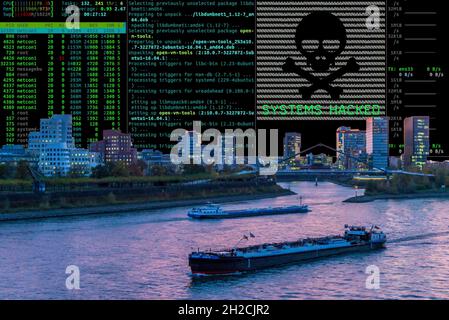 Symbolische Image-Cyber-Angriff, Computerkriminalität, Cyberkriminalität, Computer-Hacker greifen die IT-Infrastruktur einer Stadt, Verkehrsinfrastruktur, Düsseldorf Stockfoto