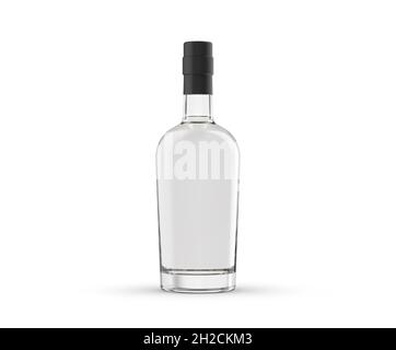 Transparente Grappa-Flasche isoliert mit schwarzer Kappe auf weißem Hintergrund, für Packshot oder Mockup, 3d-Rendering. Stockfoto