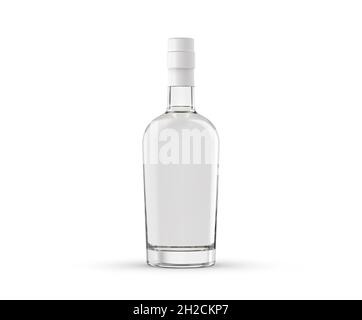 Transparente Grappa-Flasche isoliert mit weißem Deckel auf weißem Hintergrund, für Packshot oder Mockup, 3d-Rendering. Stockfoto