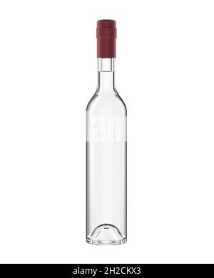 Transparente Grappa-Flasche mit burgunderfarbener Kappe isoliert auf weißem Hintergrund, für Packshot oder Mockup, 3d-Rendering. Stockfoto