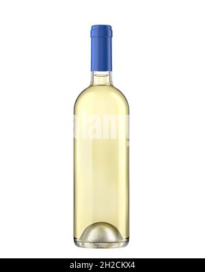 Flasche Weißwein, Typ Decò mit blauer Kapsel, isoliert auf weißem Hintergrund, um Packshot und Mockup zu machen, 3d-Rendering. Stockfoto