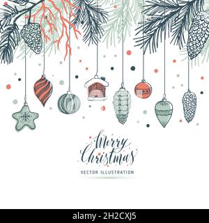 Handgezeichneter Weihnachtsfellbaum mit Kugeln, Spielzeug und Tannenzapfen, für Weihnachtsdesign. Vektorgrafik auf weißem Hintergrund. Stock Vektor