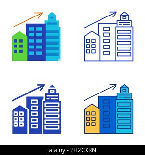Urbanisierung Ikone in flacher und linischer Stil gesetzt. Wachsende Wolkenkratzer der Stadt. Vektorgrafik. Stock Vektor