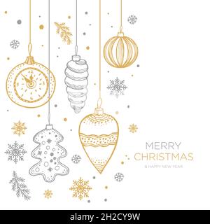 Handgezeichneter Weihnachtsfellbaum mit Kugeln, Spielzeug und Tannenzapfen, für Weihnachtsdesign in Gold und Silber. Vektorgrafik auf weißem Hintergrund. Stock Vektor