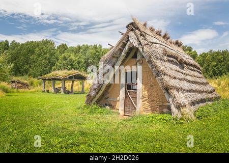 Haus mit Strohdach in einem alten Dorf, keltisches Freilichtmuseum in Nasavrky, Tschechische republik Stockfoto
