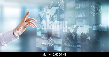 Business Intelligence-Dashboard mit Grafiken und Symbolen. Big Data. Handel und Investitionen. Modernes Technologiekonzept auf virtuellem Bildschirm. Stockfoto