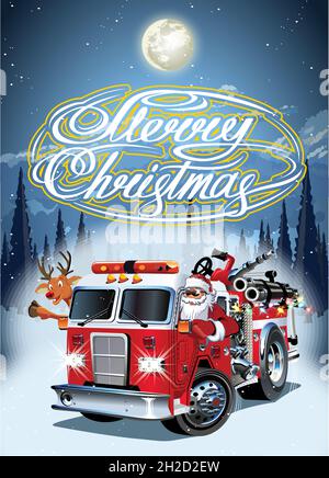 Cartoon Retro Weihnachts-Poster mit Feuerwehrauto, Weihnachtsmann und Rudolph. Verfügbares eps-10-Vektorformat, das durch Gruppen und Ebenen getrennt ist, für eine einfache Bearbeitung Stock Vektor