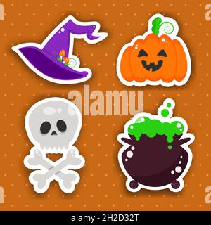 Set von Cartoon Halloween Aufkleber. Kürbis, Totenkopf mit gekreuzten Knochen, Tränenkessel und Hexenhut. Vektorgrafik. Stock Vektor