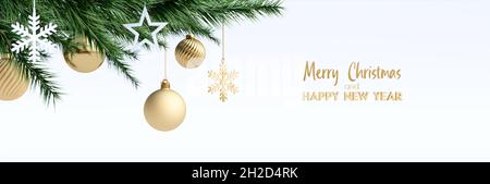 Weihnachtskarte mit goldenen Weihnachtsdekorationen auf weißem Hintergrund 3d Rendering 3d-Illustration Stockfoto