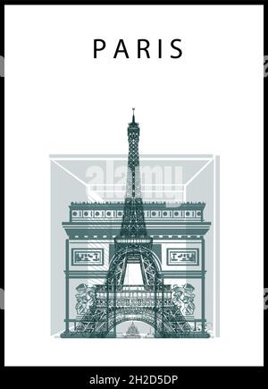 Paris Poster mit Eiffelturm, Triumphbogen; Grande Arche und sacre coeur basilisch - Vektorgrafik Stock Vektor