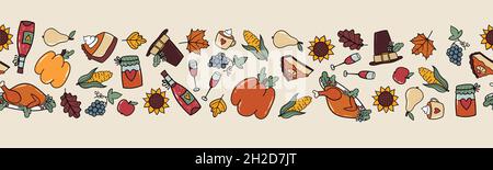 Niedliches handgezeichnetes, nahtloses Thanksgiving-Muster, schönes Essen und herbstliche Kritzeleien, ideal für Textilien, Banner, Tapeten, Verpackung - Vektor-Design Stock Vektor
