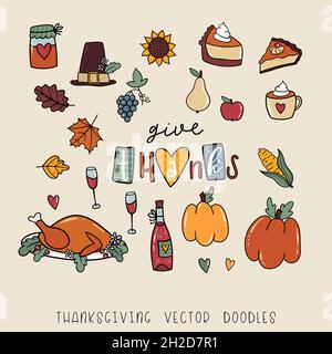 Niedliches handgezeichnetes, nahtloses Thanksgiving-Muster, schönes Essen und herbstliche Kritzeleien, ideal für Textilien, Banner, Tapeten, Verpackung - Vektor-Design Stock Vektor