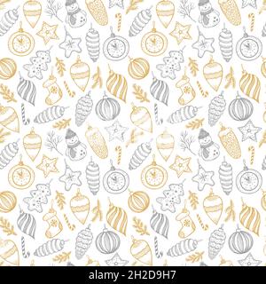 Handgezeichnetes weihnachtliches Nahtloses Muster. Pelzbaum mit Kugeln, Spielzeug und Tannenzapfen, für Weihnachtsdesign in Gold und Silber. Vektor-Oberflächendesign auf Weiß Stock Vektor