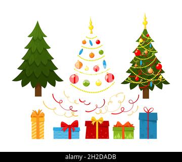 Set aus Weihnachtselementen, Festbäumen, Geschenkschachteln, Bällen, Girlanden, Serpentinische, isolierte Designoobjekte auf weißem Hintergrund. Vektorgrafik Stock Vektor