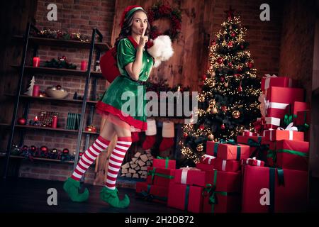 In voller Länge Körpergröße Ansicht der schönen trendigen Mädchen elf bringt Geschenke zeigen shh Zeichen zu Hause moderne Loft industriellen Innenraum drinnen Stockfoto