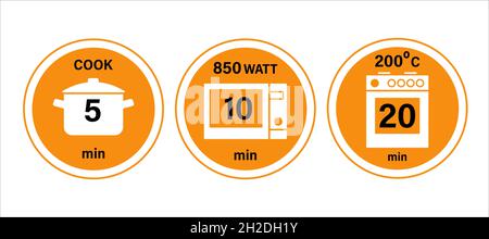Symbole für Kochanweisungen für Topf, Mikrowelle und Backofen. 5,10,20 Minuten. Vektorgrafik, flacher Stil für Verpackung und Anleitung Stock Vektor