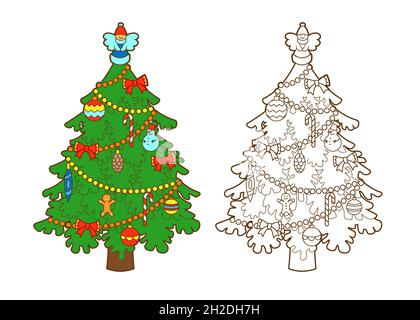 Malbuch Weihnachten geschmückter Baum mit einer Engelsfigur auf der Oberseite, Süßigkeiten und Weihnachtskugeln. Vektor, Illustration im Cartoon-Stil Stock Vektor