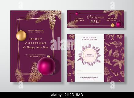 Weihnachten abstrakte Vektor Einladungskarten, Poster oder Banner Hintergründe Set. Design-Layouts Für Winterferien. Golden Glitter Pine Zweige und Stock Vektor