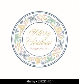 Weihnachtskranzkarte mit Kreisbanner und niedlicher Typografie. Sanfte Farben Grußetikett oder Sticker Layout mit Skizze Fichte, Holly Stock Vektor