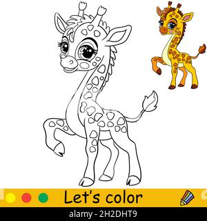 Süß und glücklich Baby Giraffe. Malbuch Seite mit bunten Vorlage für Kinder. Vektorgrafik Cartoon isolierte Illustration. Für Print, Spiel, Bildung, par Stock Vektor