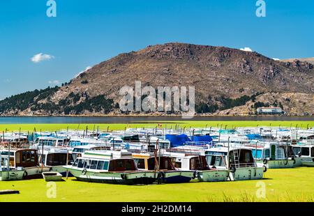 Die Boote dockten in Puno am Titicacasee in Peru an Stockfoto