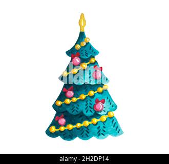 Der Baum ist mit einer Girlande, Kugeln, Perlen geschmückt. Vektor, Aquarell Stock Vektor