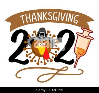 Happy Thanksgiving 2021 - Thanksgiving Day Poster mit niedlicher putenmaske. Poster in Herbstfarben. Awareness Lettering Phrase. Coronavirus (2019-NC Stock Vektor