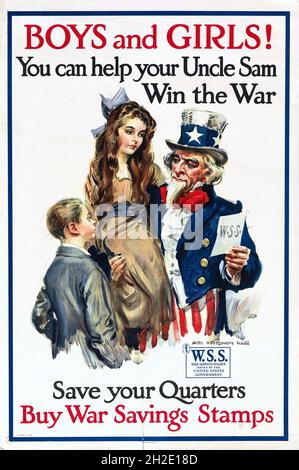 „Boys and Girls, You Can Help Your Ocle Sam Win the war“-Poster von James Montgomery Flagg, 1918 Stockfoto