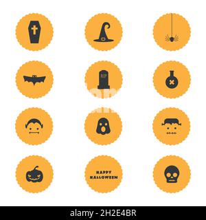 Halloween Icon Set. Schwarze Symbole in orangefarbenen Kreisen. Vektorgrafik, flaches Design Stock Vektor