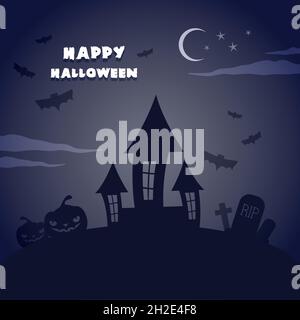 Unheimliche Landschaft. Happy Halloween: Kürbisse, verzaubertes Haus und Fledermäuse. Vektorgrafik, flaches Design Stock Vektor