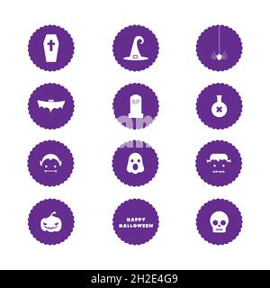 Halloween Icon Set. Weiße Symbole in violetten Kreisen. Vektorgrafik, flaches Design Stock Vektor