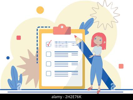 Mädchen mit Bleistift und Zwischenablage mit Checkliste, Vektor-Illustration Stock Vektor