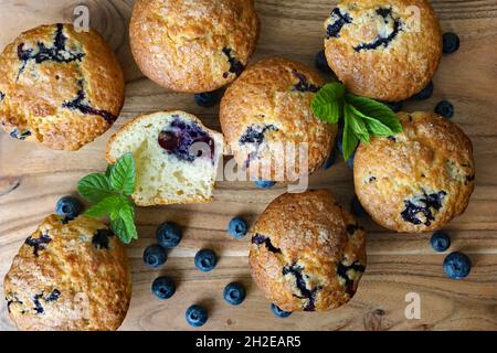Hausgemachte Blaubeer-Muffins auf einem Holztisch, garniert mit frischen Blaubeeren und Minzblättern. Draufsicht. Stockfoto