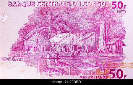 50 Franken-Banknote, Bank of Congo, Nahaufnahme Bills Fragment zeigt Fischerdorf am Kongo-Fluss, Fisch, ausgestellt 2000 Stockfoto