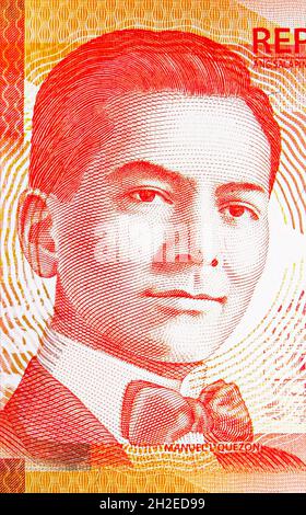 20 Piso Banknote, Bank of Philippines, Closeup Bill Fragment zeigt ein Bildnis des Präsidenten Manuel Luis Quezon y Molina, ausgestellt am 2010 Stockfoto