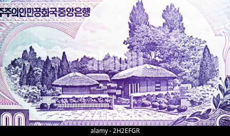 5000 won Banknote, Bank of Korea, Nahaufstellung Bills Fragment zeigt Geburtsort von Kim Il Sung in Mangyongdae-guyok, ausgestellt 2002 Stockfoto