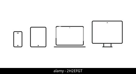 Gerätesymbole: Smartphone, Tablet, Laptop und Desktop-Computer. Vektorgrafik, flaches Design Stock Vektor